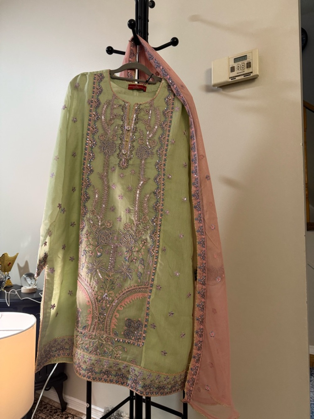 Embroidered Light Green & Pink Women’s Dress with Dupatta